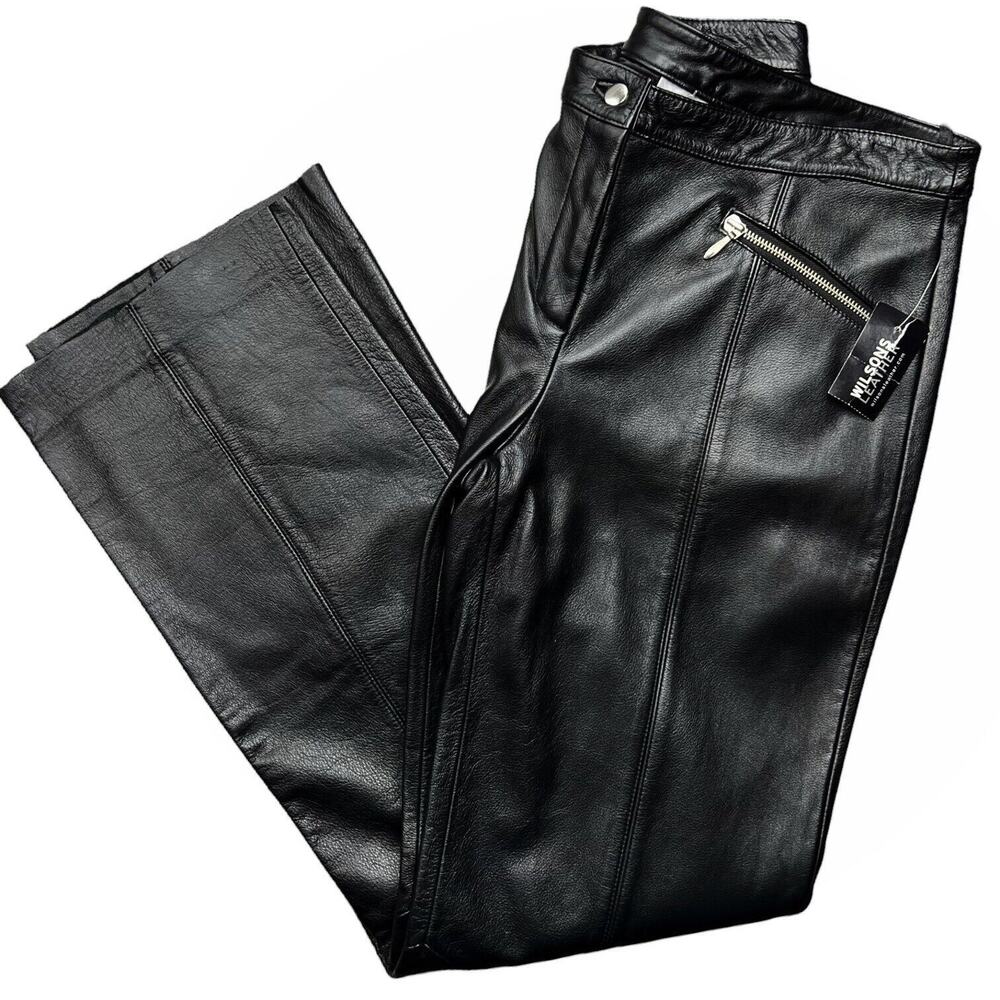 NWT Y2K Wilson’s Black Genuine Leather Pants Mid Rise Zippers Detailing Size 10